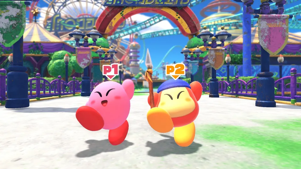Kirby und der Waddle-Dee-Assistent in einer dreidimensionalen Spielwelt.