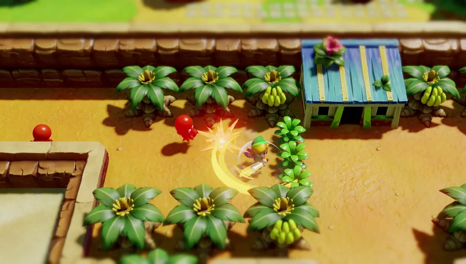 Link bewegt sich durch eine von oben sichtbare Landschaft mit Palmen.