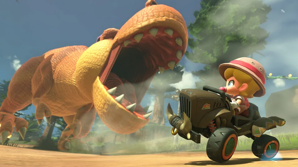 Ein Rennfahrer fährt in Mario Kart World an einem großen Dinosaurier vorbei.