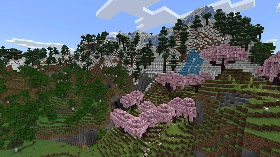 Eine Minecraft-Landschaft mit blockförmigen Bergen, Bäumen und Gebäuden.