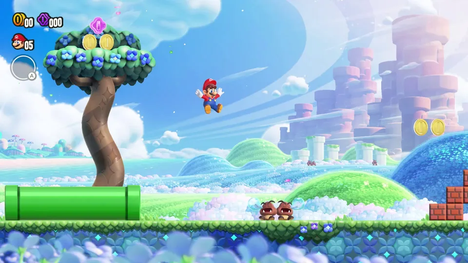 Mario springt durch eine farbenfrohe, seitlich dargestellte Welt.